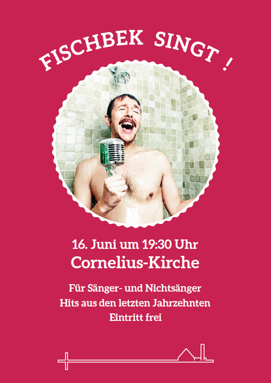 Flyermotiv Fischbek singt: Mann unter einer Dusche singt lauthals in ein Mikrofon.